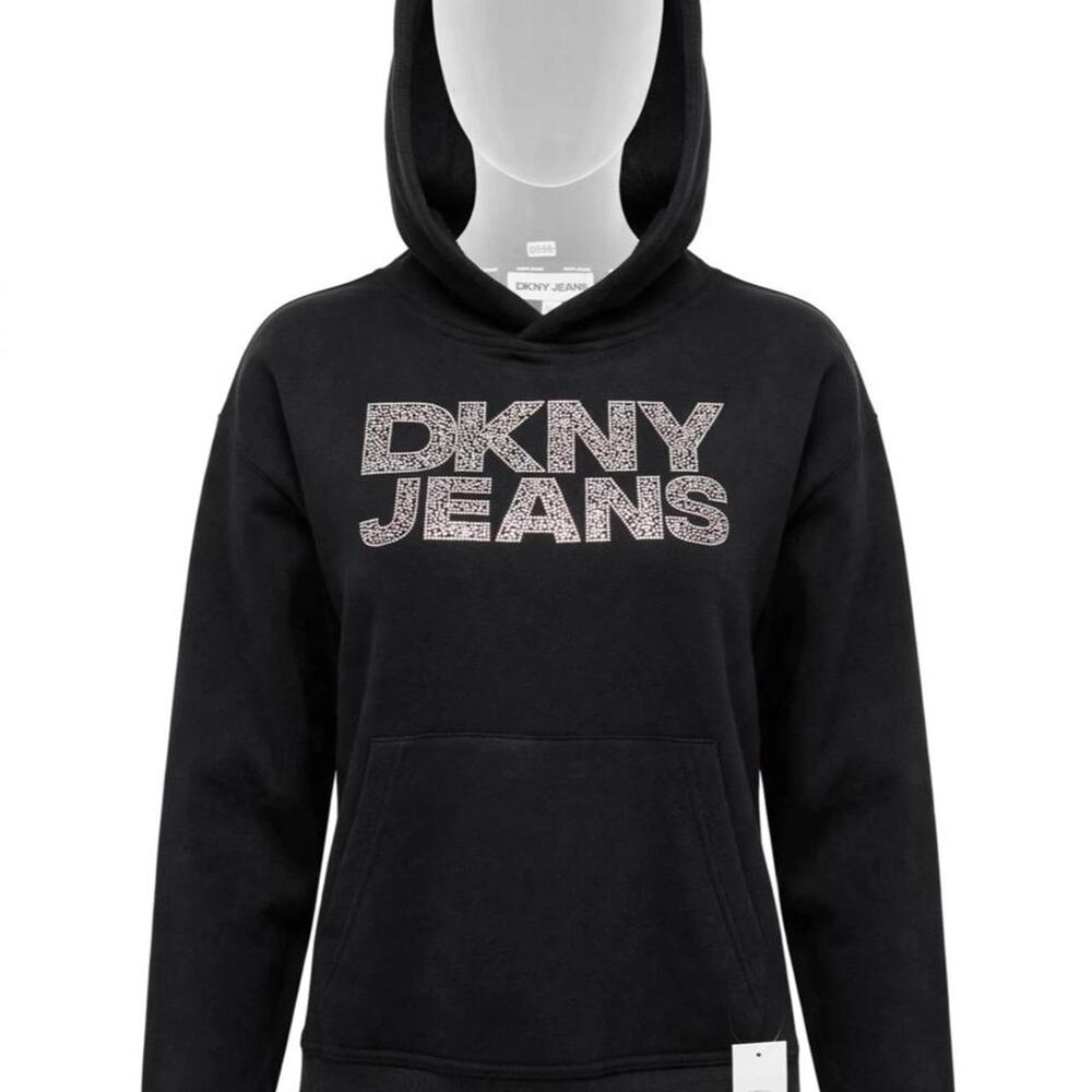 DKNY Jeans Womens L Black Rhinestone Hoodie Pullover NWT Crystal Logo Sweatshirt